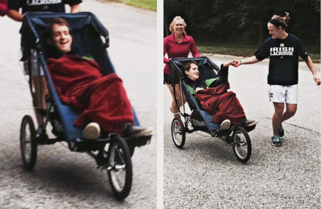 Dual image with close up of boy in wheel chair smiling big on left and wide shot of two girls pushing him on right