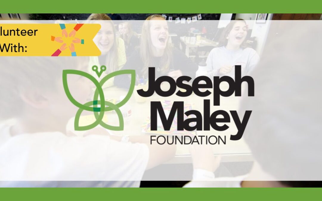 group of people laughing with graphic over lay containing JMF logo and green boarder Yellow banner in upper left that reads volunteer with
