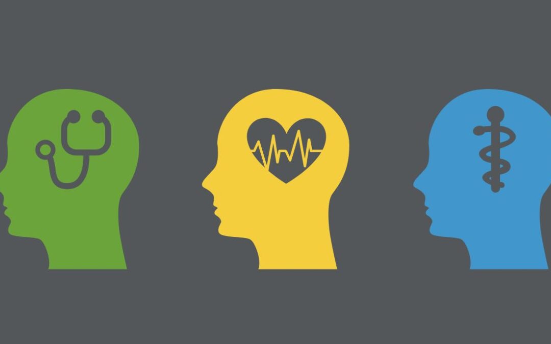 graphic of 3 heads. green head contains a stethoscope, yellow contains a heart, and blue contains medical symbol. all on grey background