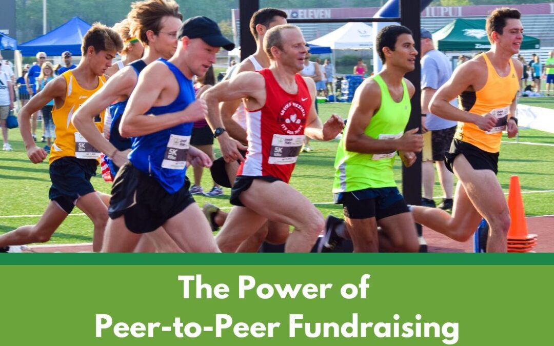 group of runners mid race with green graphic bar across bottom of image that reads the power of peer-to-peer fundraising