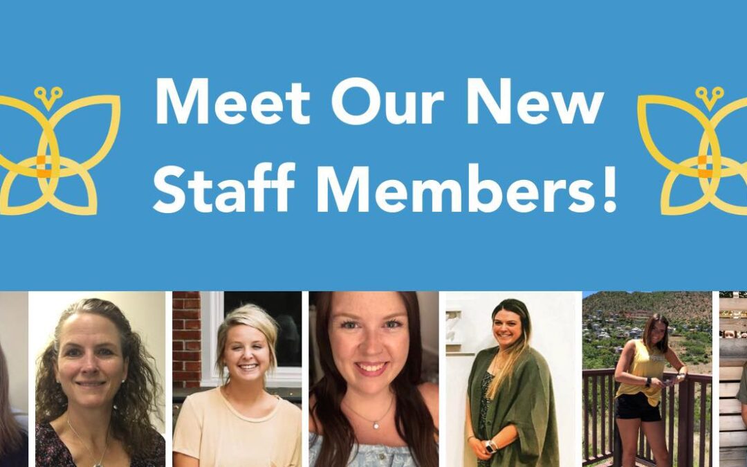 Blue background with two JMF butterflies that reads Meet our new staff members and a 7-picture collage of the new staff members