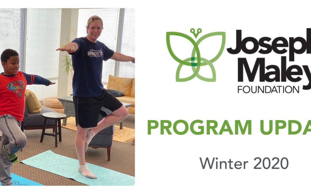 young boy and adult male doing yoga on left with graphic on right that reads program update winter 2020