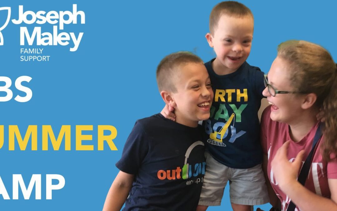 Text graphic that reads, Sibs Summer Camp, over a blue background with two brothers smiling with a camp counselor next to the text.