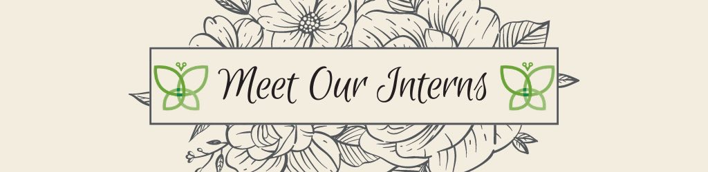 Script text that reads, Meet Our Interns, with flower graphics around it.