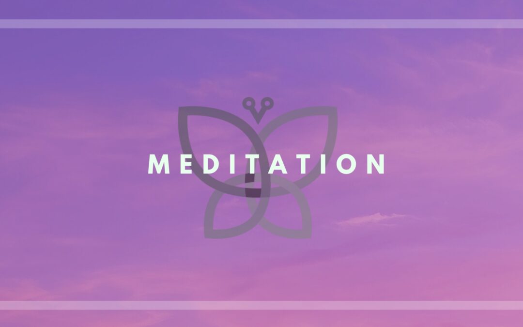 purple sky and JMF butterfly logo in the center with copy that reads "meditation"