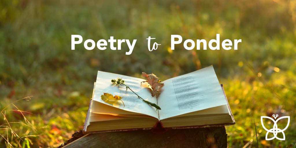 Image of an open book on a tree stump with leaves on it. It has text overlaid that reads: Poetry to Ponder.