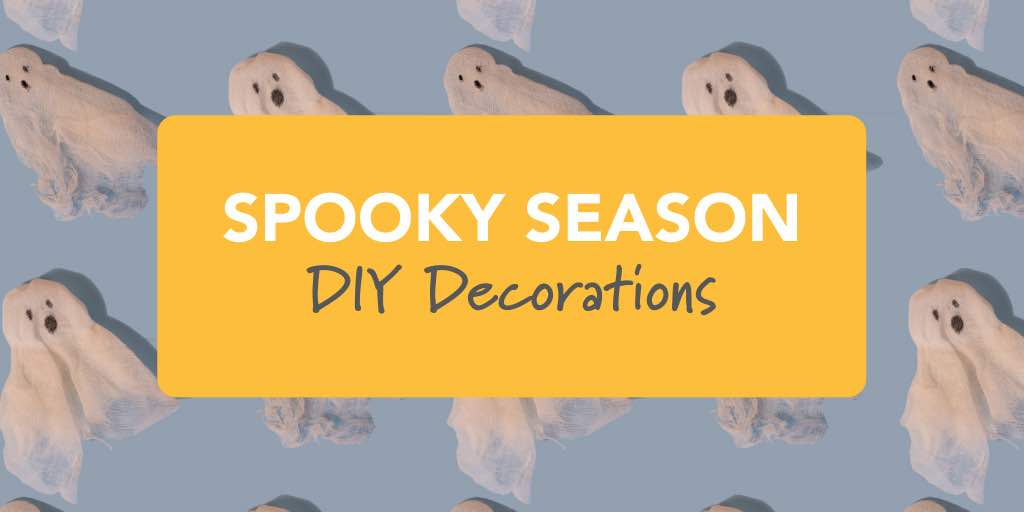 Lots of do-it-yourself ghost decorations lined up with a graphic overlaid that reads Spooky Season.