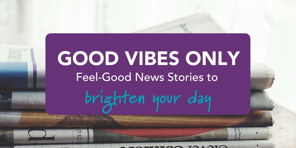 Pile of newspapers with a graphic overlaid that reads Good Vibes Only!