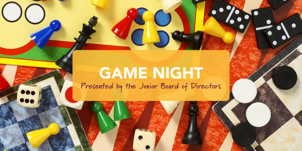 Colorful game pieces laying on a table with text overlay that reads: Game Night Presented by the Junior Board of Directors